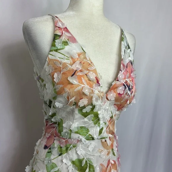 Xscape 3D-Appliqué Floral-Print Gown Size 4 White‎ Pink Formal Evening Dress Maxi
